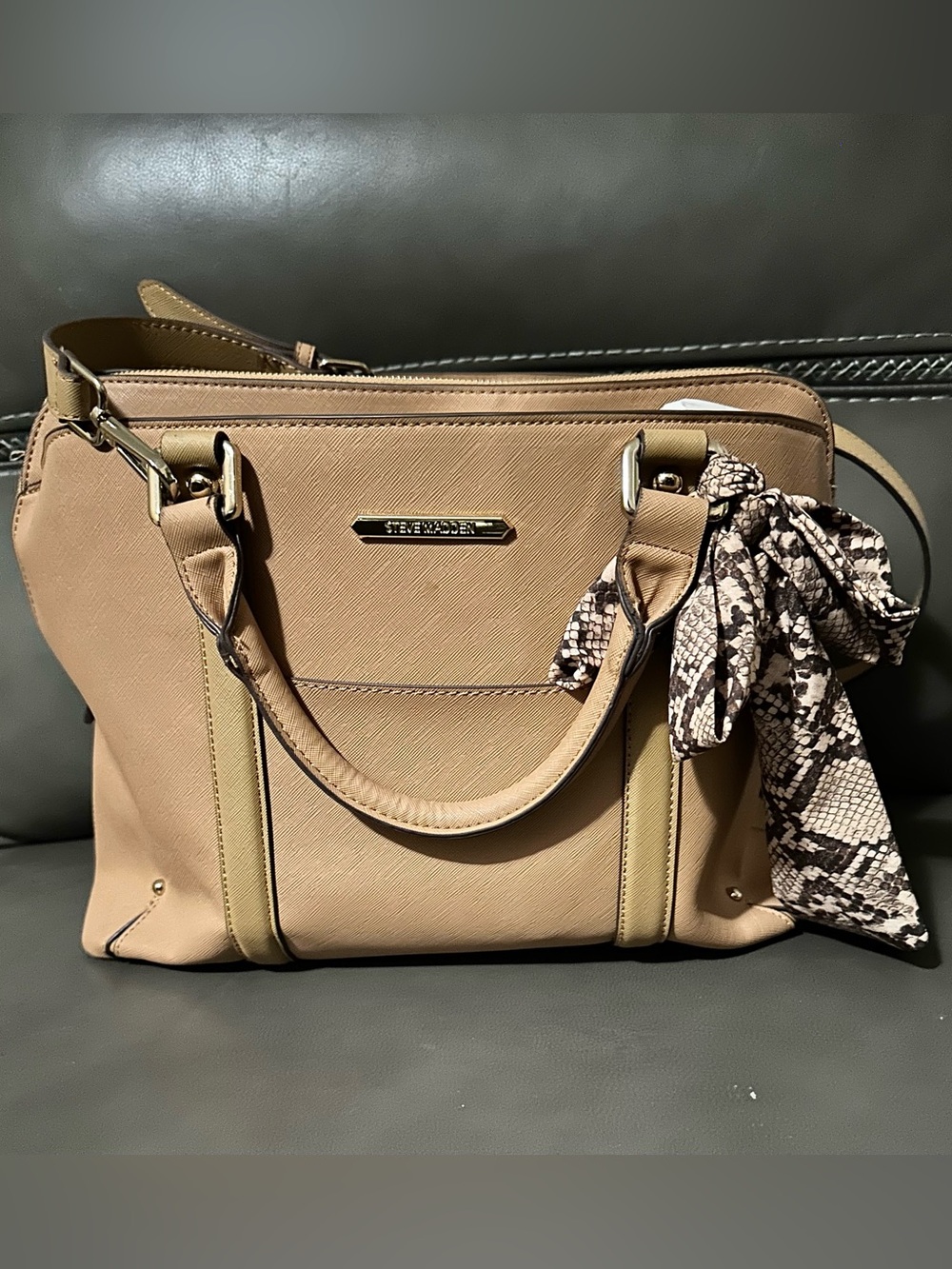 Steve Madden Beige and Tan Structured Satchel with Scarf Accent